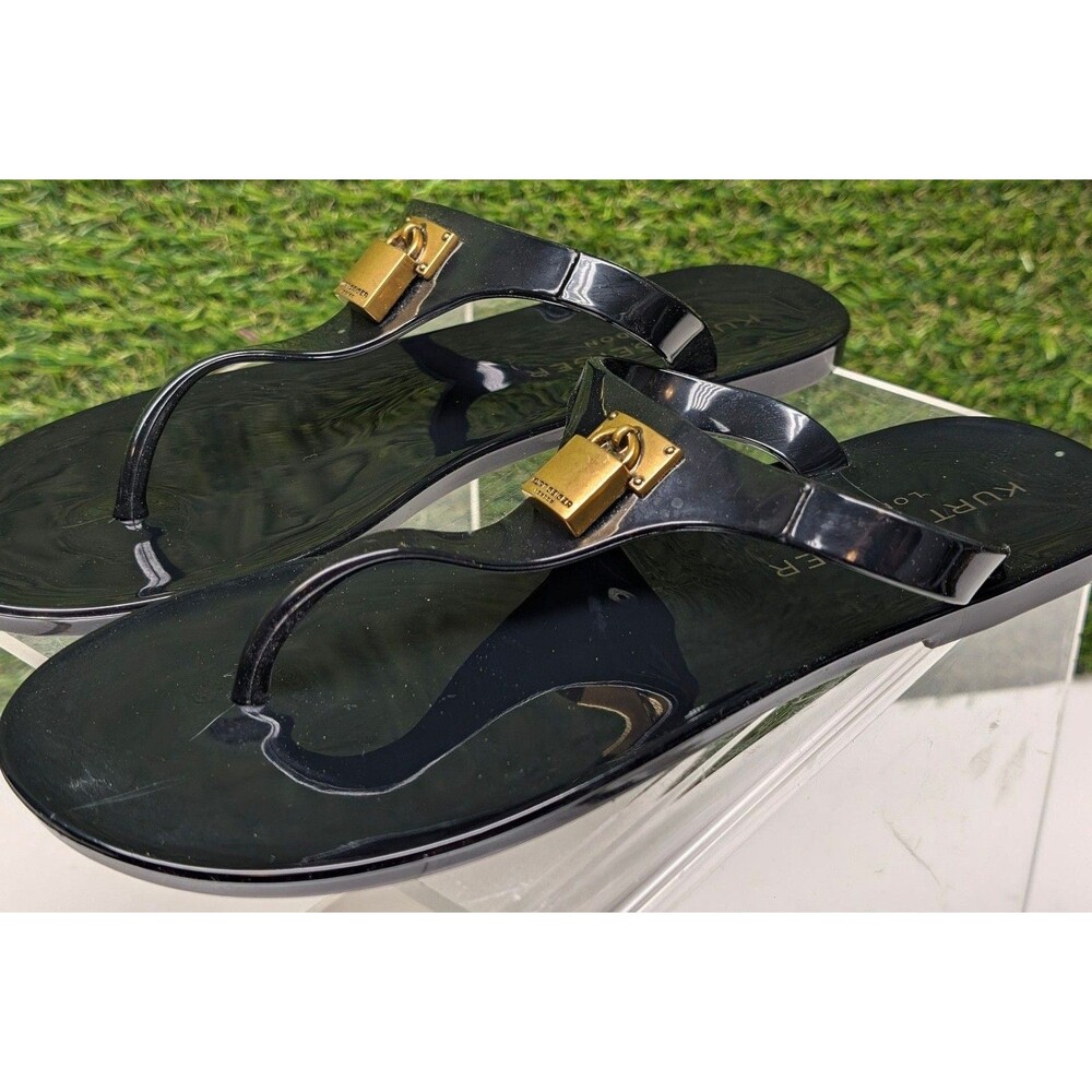 Kurt Geiger Brixton Jelly Sandals Black Gold Lock Thong EUR 36 US sz 6